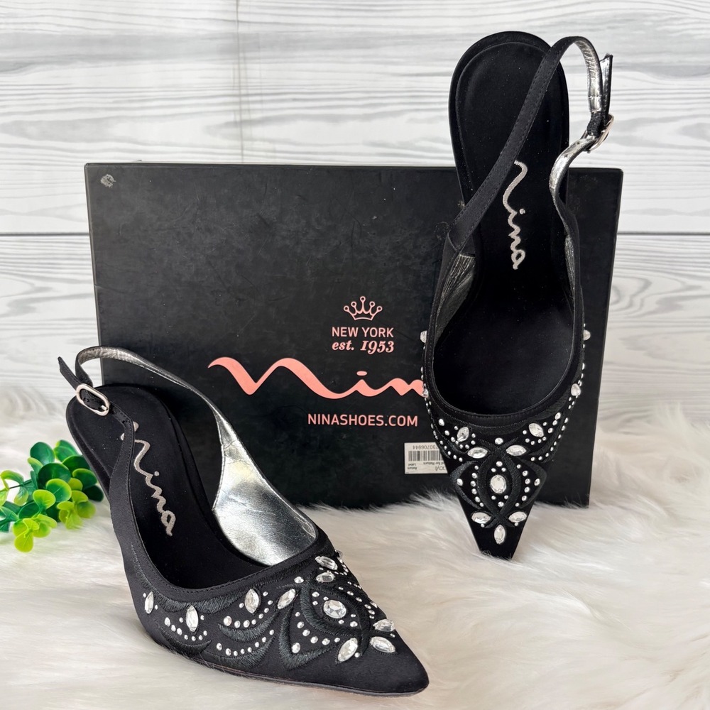 Nina "Hope" Black Satin Crystal Embellished Slingback Heels Pointed Toe Pumps